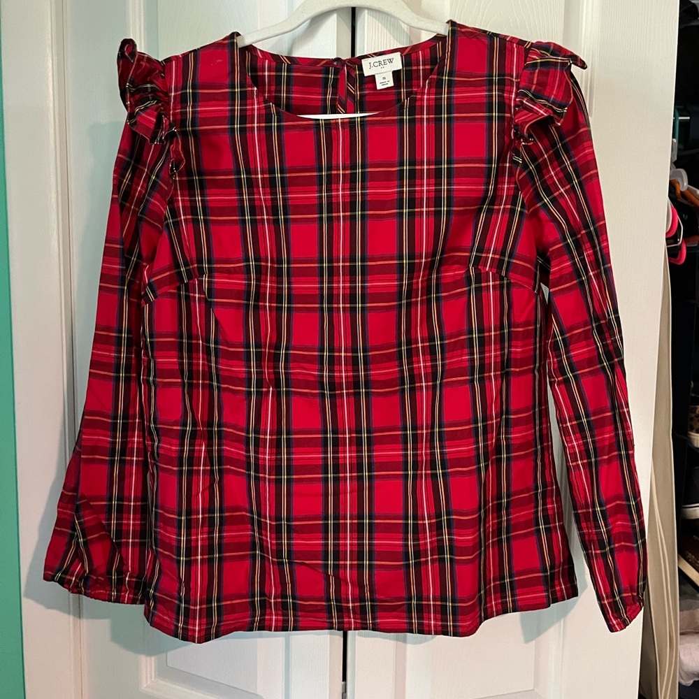J.Crew Factory Tartan Plaid Ruffle Shoulder Top